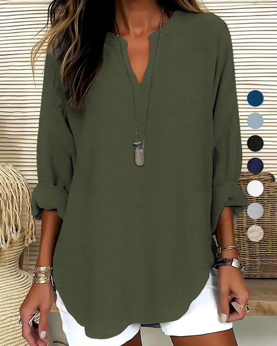 V Neck Irregular Solid Color Long Sleeve Blouse