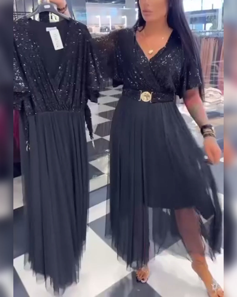 V-Neck Mesh Hem Fashion Dress