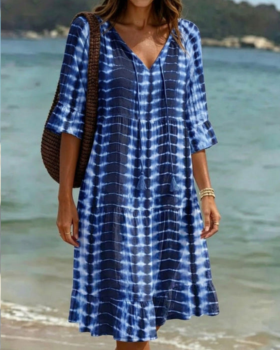 V-Neck Gradient Print Vacation Dress