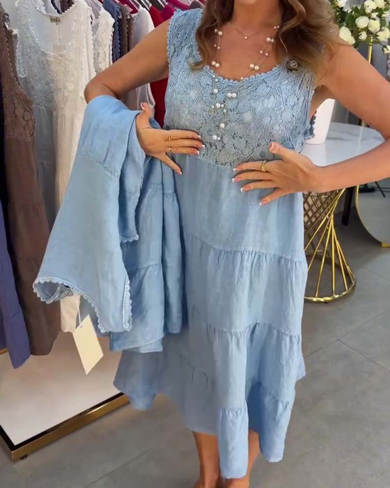 Crew Neck Sleeveless Lace Tiered Dress