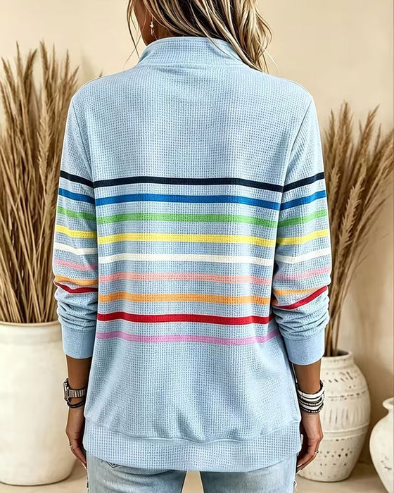 Stand Collar Zip Striped Sweatshirt