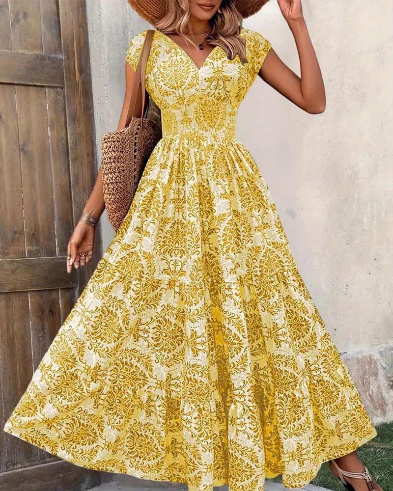 Retro Print V-Neck Cinched Waist Long Dress
