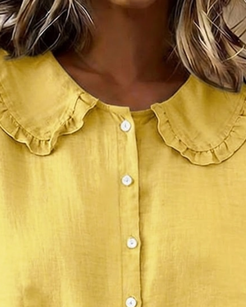 Peter Pan Collar Cotton Linen Ruffled Button-Front Shirt