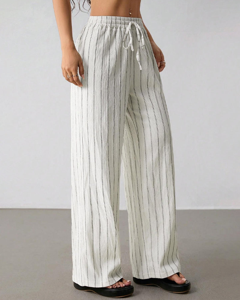 Striped Drawstring Casual Wide-Leg Pants