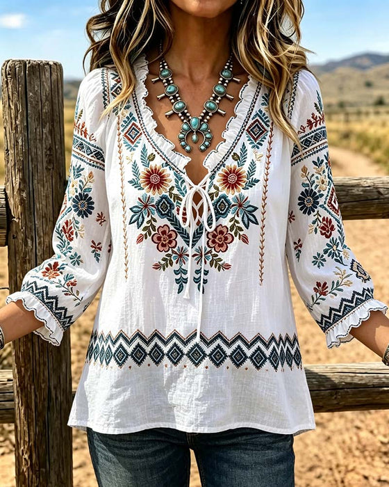 V-Neck Bohemian Ruffle Blouse