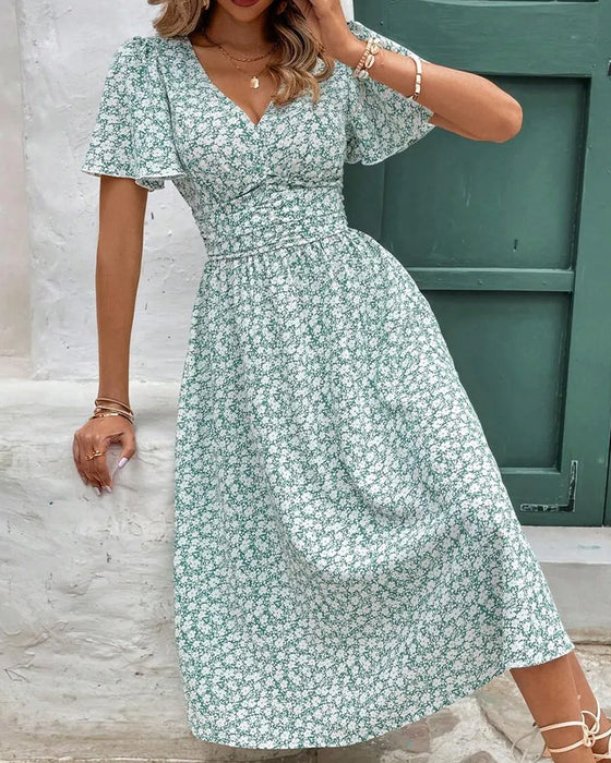 Floral V-Neck Waist Dress