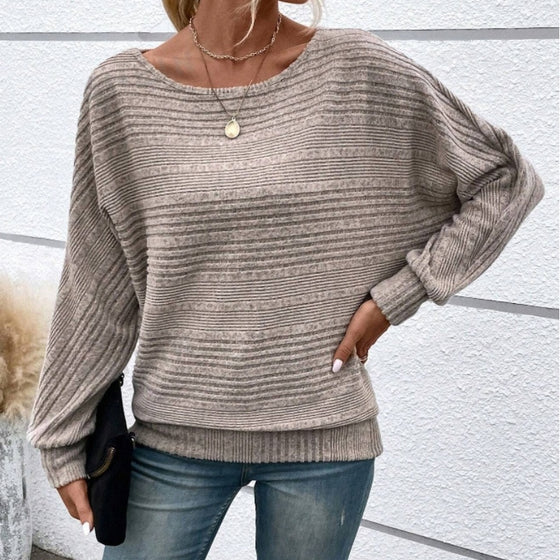Solid Color Round Neck Long Sleeve Striped Top