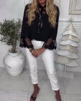 Solid Color Patchwork Long-Sleeved Blouse