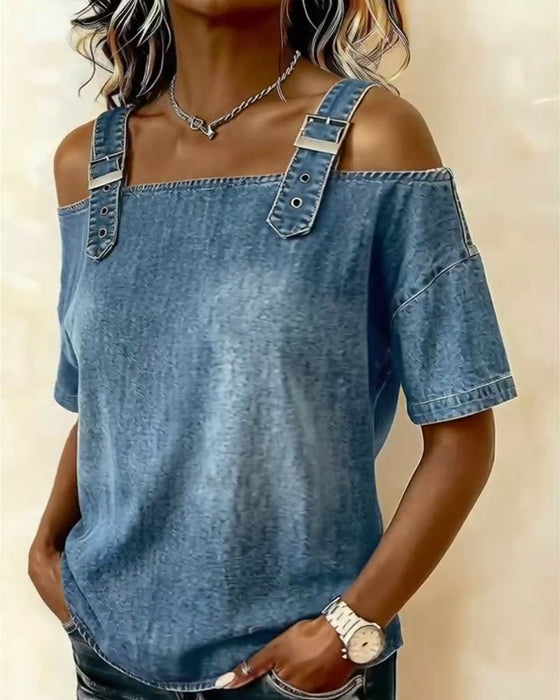 Off-Shoulder With Shoulder Strap Denim Blouse