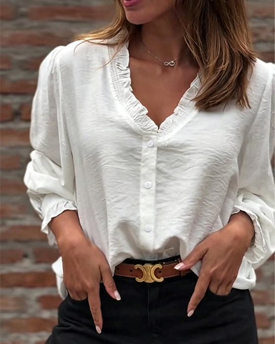 V-Neck Button Front Ruffle Puff Sleeve Blouse