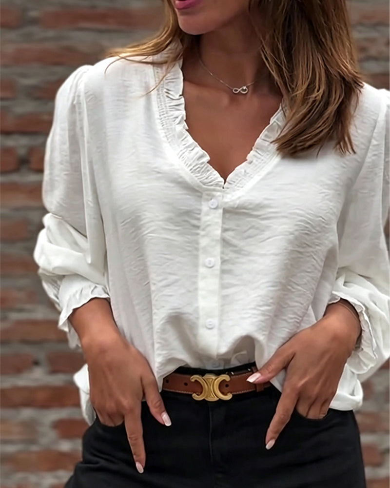 V-Neck Button Front Ruffle Puff Sleeve Blouse