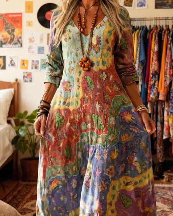 Oil Painting-Style V-Neck Dress