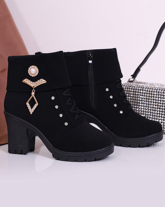 Women's Chunky Heeled Ankle Boots with Rhinestone Decor