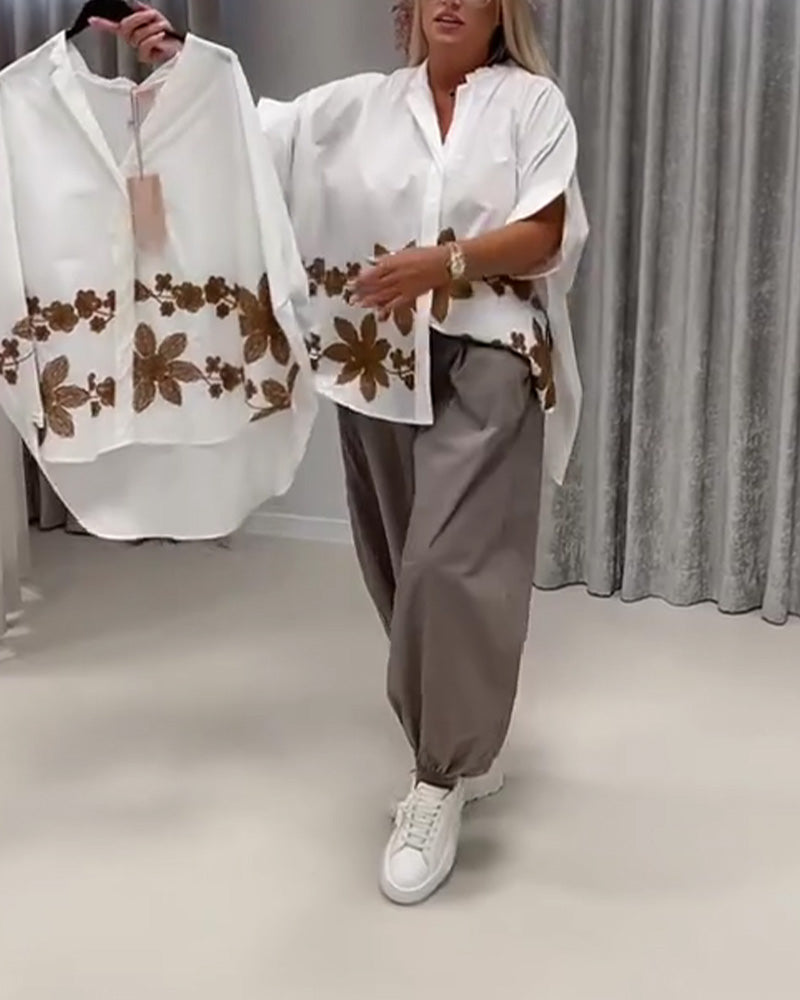 Floral Print Mandarin Collar Loose Blouses