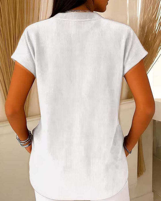 Solid Short Sleeve Zip Blouse