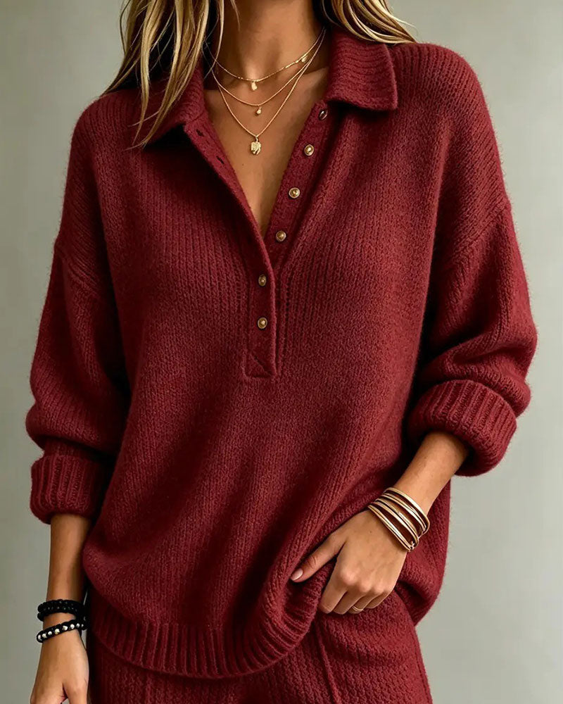 Lapel Buttoned Solid Color Pullover