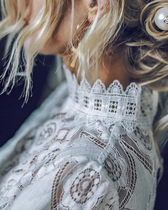 Sexy See-Through Long-Sleeved Stand-Collar Lace Blouse