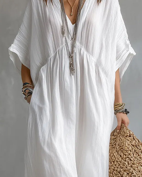 V-Neck Batwing Sleeve Flared Dress