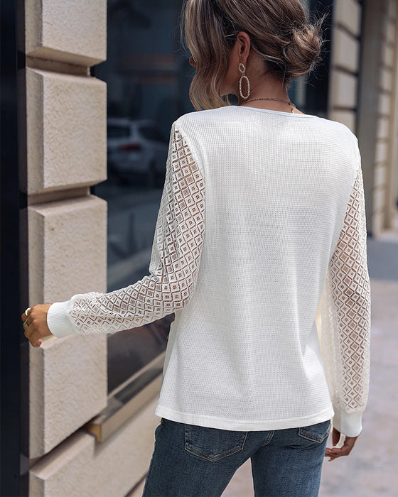 Button-Up Design Lace Long-Sleeved Round Neck Top