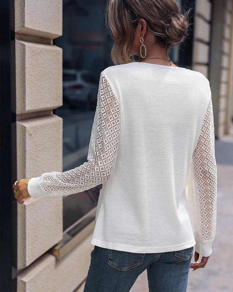 Button-Up Design Lace Long-Sleeved Round Neck Top