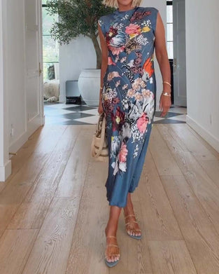 High Neck Sleeveless Floral Fitted Dress