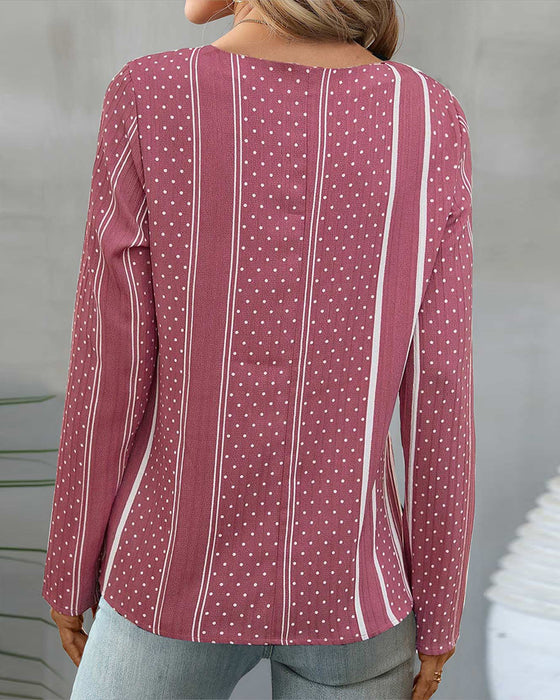 Button striped polka dot long sleeve top
