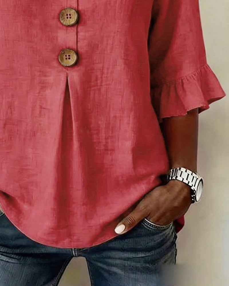 Solid-Color Cotton-Linen Wooden Buttons Ruffles Blouses