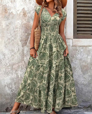 Retro Print V-Neck Cinched Waist Long Dress