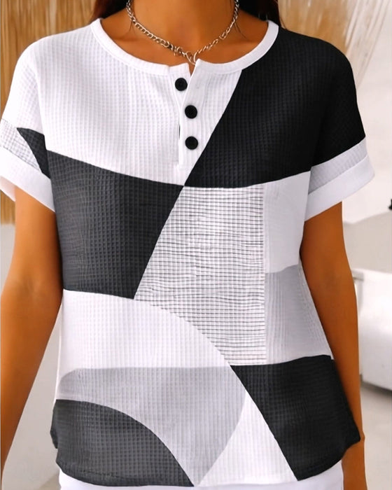 Crew Neck Button Color-Block Waffle Blouse