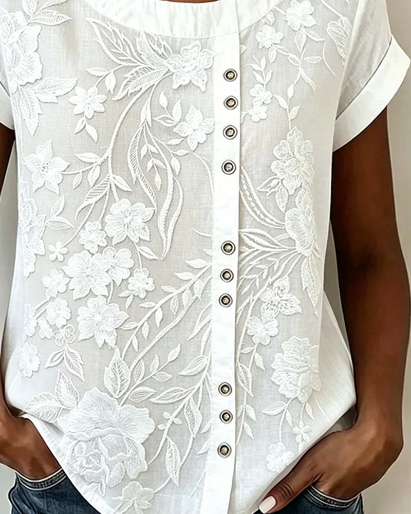 Floral Button Crewneck Short Sleeve Blouse