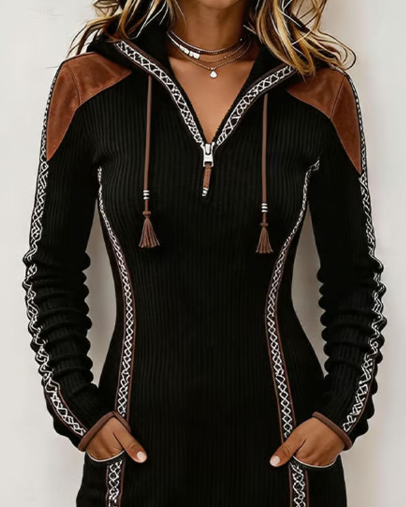 Hooded Patchwork Ribbed Lace-Up Dress
