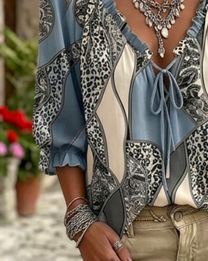 V-Neck Leopard Puff Sleeve Tie Blouse