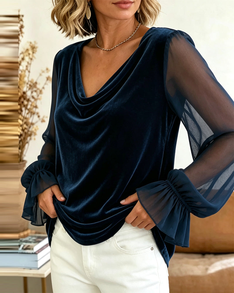 Velvet Cowl Neck Sheer Lantern Sleeve Top