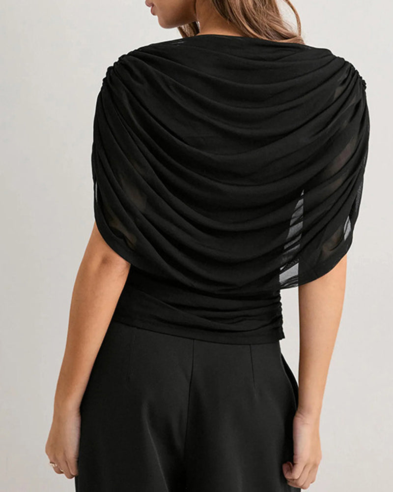 Mesh Scarf Neck Draped Slim Fit Blouse