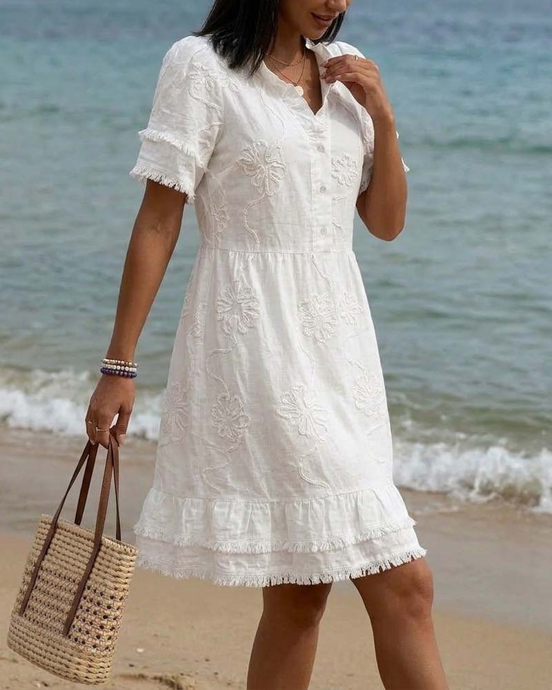 Stand Collar Half Placket Fringe Dress