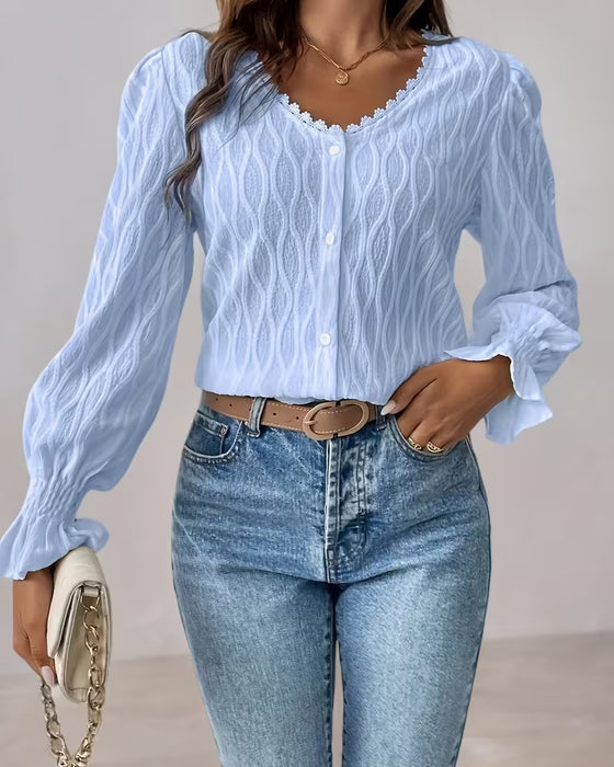 Elegant Jacquard Ruffle Sleeve Blouse