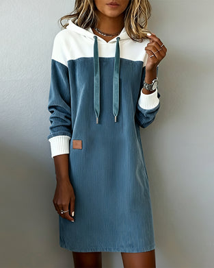 Hooded Color-Blocked Corduroy Dress
