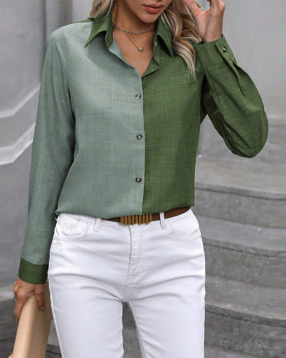 Single Breasted Colorblock Lapel Blouse