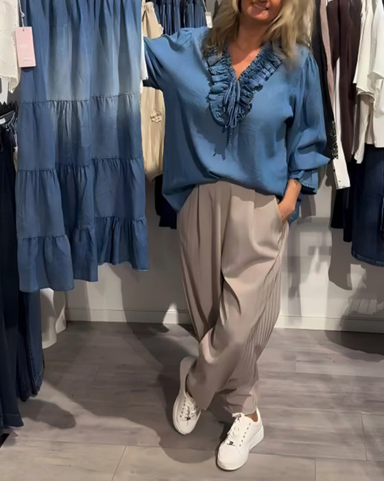 Ruffle Trim Tie-Up Denim Blouse