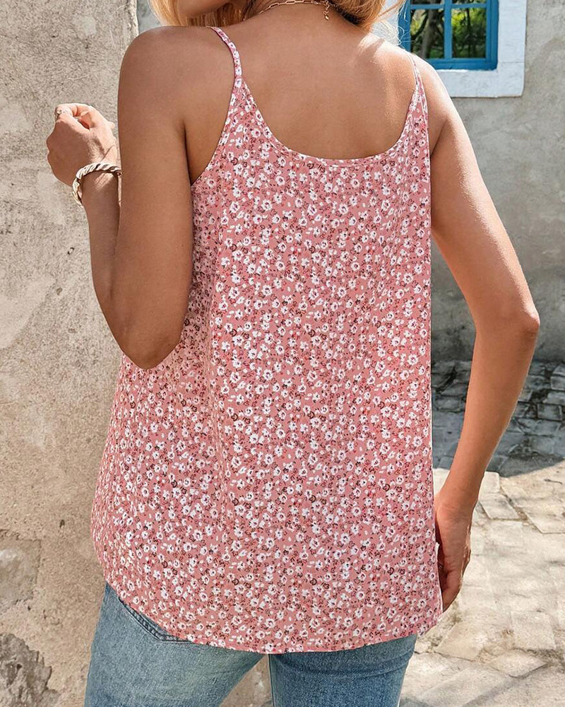 Tiny Floral Print Shirred Spaghetti Strap Cami Top