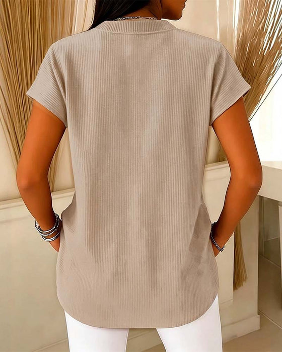 Solid Short Sleeve Zip Blouse