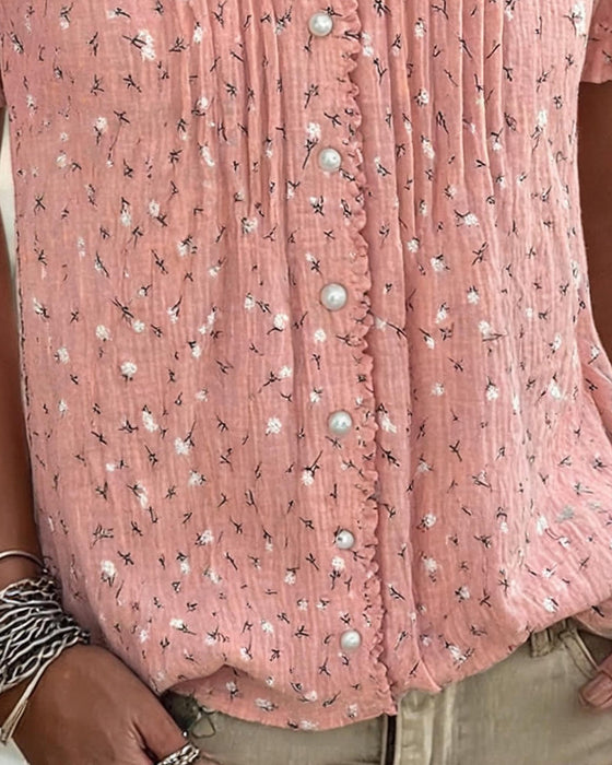 Puff Sleeve Floral Print Short-Sleeve Blouse
