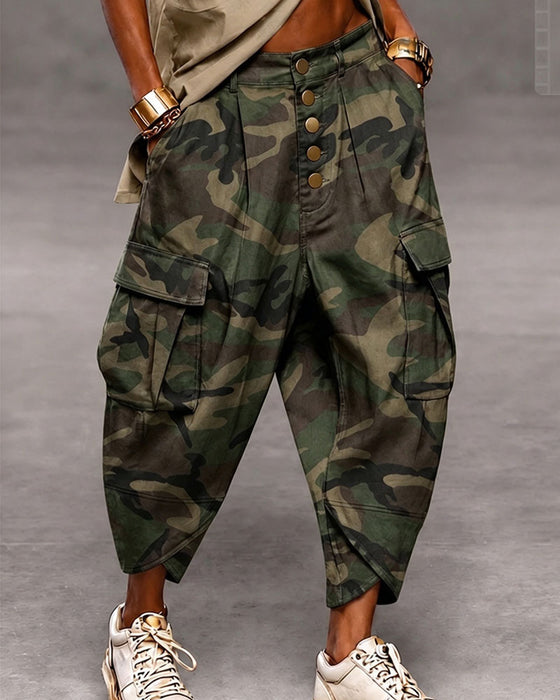 Camouflage Multi-Button High Waist Fashion Pants