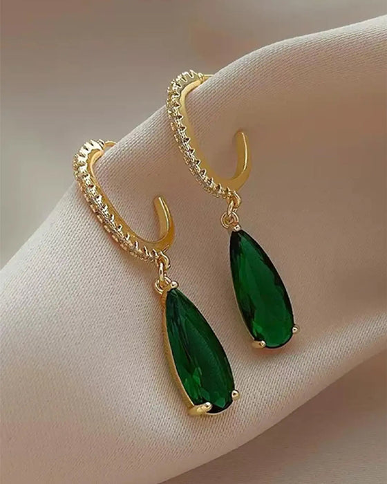 Artificial Gemstone & Rhinestone Decor Dangle Hoop Earrings