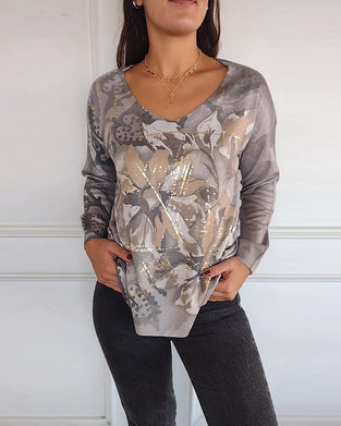Vintage floral print V-neck long-sleeved top