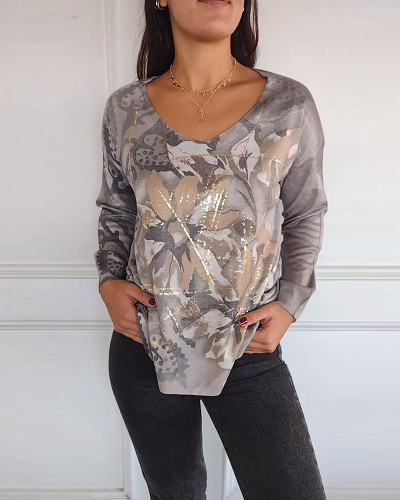 Vintage floral print V-neck long-sleeved top