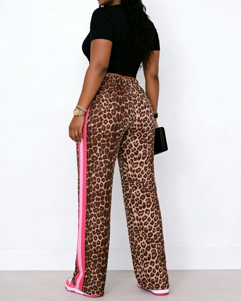 Color-Block Leopard Print Drawstring Straight-Leg Pants
