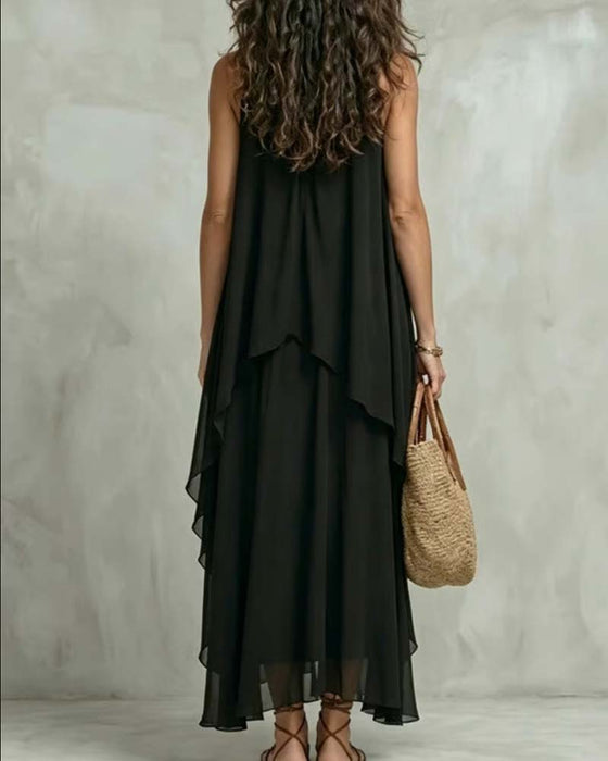 Crew Neck Sleeveless Chiffon Irregular Dress