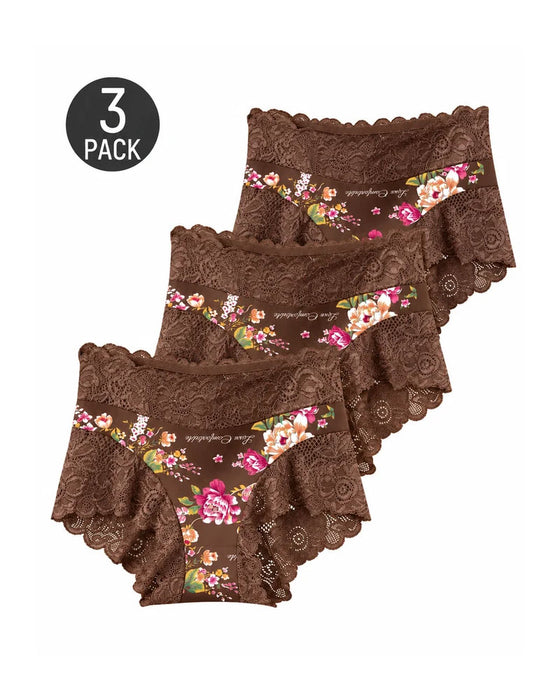3-Pack High Waist Floral Print Lace Trim Panties