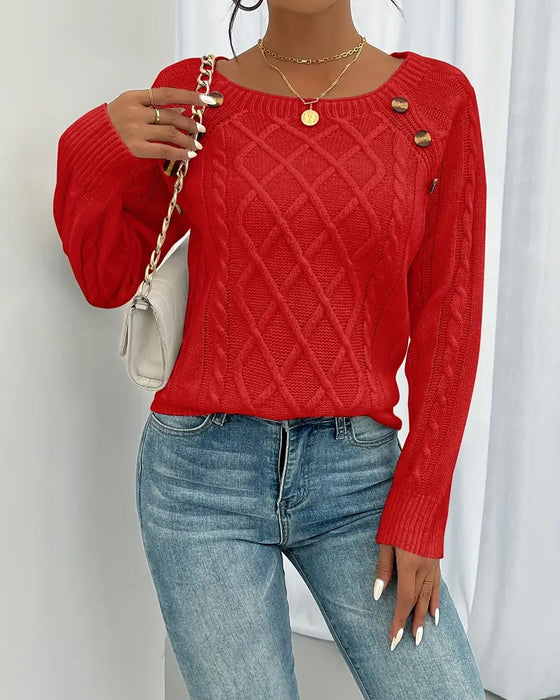 Solid Raglan Sleeve Buckle Cable Knit Jumper